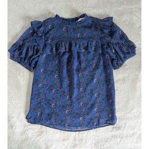 Loft Short Sleeve Blue Floral Ruffle Blouse Women's Sz XS Lined Boho Feminine‎